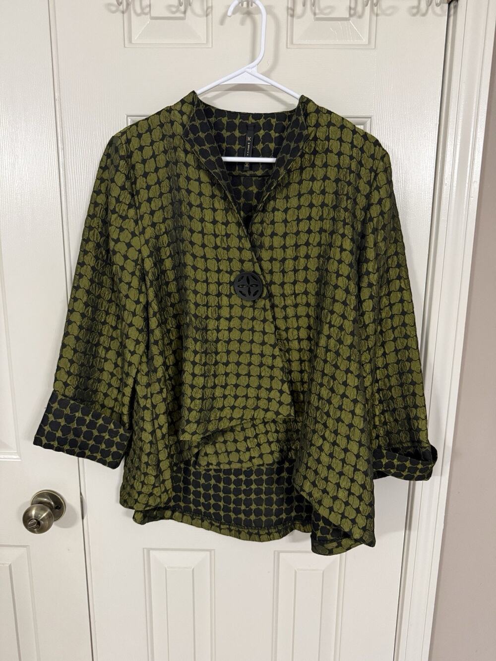 IC Collection By Connie K Artsy Asymmetrical Jacket L Green Black